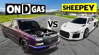 Drag Race TITANS Duke it out! @ONDGAS' 1500hp Twin Turbo Silverado vs @SheepeyRace's 1200hp R8