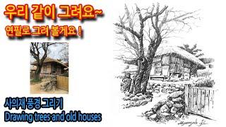 사의재 풍경  그리기Drawing trees and old houses#그림독학 #여행드로잉 #drawing #연필스케치