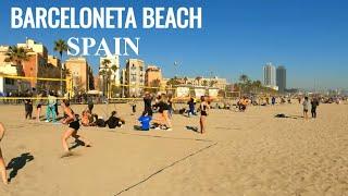 spain barcelona beach 4k walking tour 2022 / playa de barceloneta winter walk