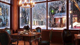 Snow Night on Window at Coffee Shop Ambience with Relaxing Smooth Jazz Music and Snow Falling