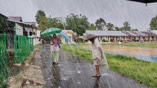 Heavy rain and strong winds hits villages life, walking in heavy rain, rain and thunder for sleeping