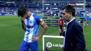 Michel rompe a llorar antes de la entrevista a pie de campo, tras el Malaga 0-1 Deportivo