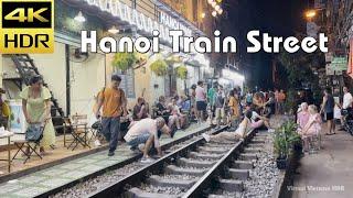 4K HDR | Night Walking Hanoi Train Street - Binaural Sound | Vietnam 2023