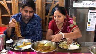 eating showeating big chitol fish curry, shak vaja and rice