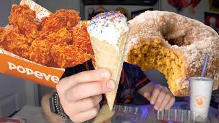 Cheesecake Stuffed Cone, Popeye's, Donuts & More Mukbang Cheat Day! 