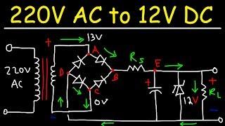 220V AC to 12V DC Converter Power Supply Using Diodes, Capacitors, Resistors, & Transformers