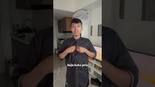 ￼Zeaarabic Kemeja Koko Pria Basic Polos Hitam 3/4