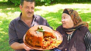 Grandma cooks Chicken Shah Pilaf (King Rice) on Fire, Outdoor Cooking