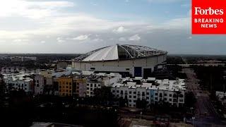 Drone Camera Captures Damage From Hurricane Milton To Tropicana Field In St. Petersburg, Florida