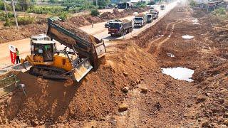 Starting New Work!! 25T Dump Trucks Loading Red Soil On a Road With Bulldozer And Wheel Loader