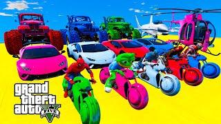 GTA V Mega Ramp Boats, Cars, Motorcycle with Trevor and Friends New Stunt Map Challenge