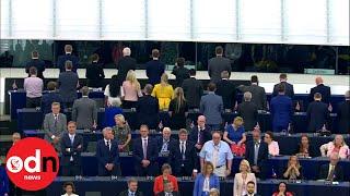 Brexit Party MEPs turn their backs during EU's anthem