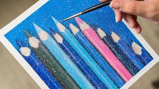 Colored Pencils of blue shades - Acrylic painting / Homemade Illustration