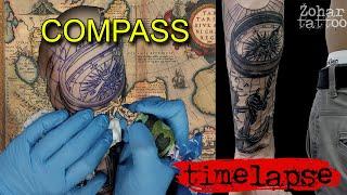 Best realistic compass map tattoo time lapse