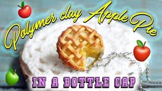 Miniature Apple Pie in a bottle cap necklace. Polymer clay Jewelry