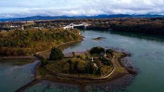 Church Island (St Tysilio's Church) & Menai Strait in Anglesey, Wales - Drone footage