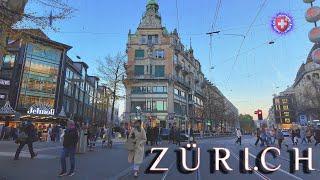 ZURICH SWITZERLAND  Evening Stroll in City Center / Bahnhofstrasse from GUCCI to Jelmoli, GLOBUS 4K