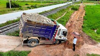 Dump Truck Drive Go Street Stuck And Crazy Unloading Fail - Bulldozer Clearing Clean Make New Road