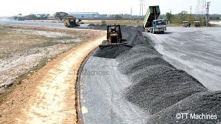 Incredible Powerful KOMATSU Bulldozer D41P Pushing Gravel Building Foundation Ring Road With Trucks