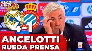 ANCELOTTI, RUEDA PRENSA completa REAL MADRID 4 - ESPANYOL 1 hoy: Mbappé, Vincius, Rodrygo...