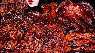 ASMR SPICY SEAFOOD,BLACK BEAN NOODLES, SPICY ENOKI MUSHROOMS,OCTOPUS,SQUID 불닭 짜장 해물찜 팽이버섯 먹방 MUKBANG