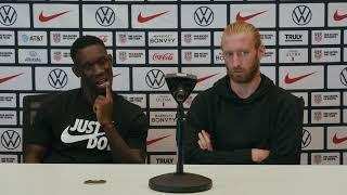 USMNT forward Folarin Balogun and defender Tim Ream speaking  prior to friendly vs Canada