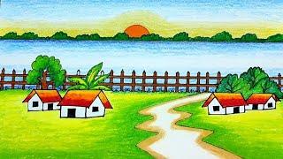 Beautiful landscape village scenery drawing | Simple nature drawing for competition | Sunset drawing