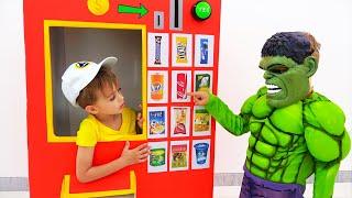 Vlad and Nikita superheroes vending machine kids toy story