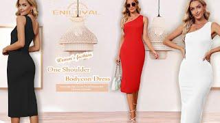 Eniloyal 2023 One Shoulder Dress for Women, Wedding Guest Formal Dresses,Bodycon Cocktail Midi Dress