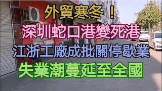 订单全面流失，中国外贸遭遇寒冬！深圳蛇口港一片冷清，货车无货可拉；江浙大批工厂没订单做，宣告关门歇业，有的员工被裁，有的员工放半年长假；剩下一点工作岗位也是抢破了头！