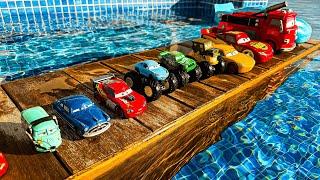 Disney Pixar Cars falling into deep pool, Lightning McQueen, Tow Mater, Mack, Sally, Francesco