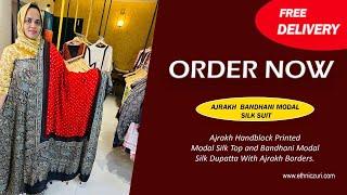 Ajrakh Printed Modal Silk Top with Bandhani Dupatta having Ajrakh borders | ORDER NOW| ethnic zuri