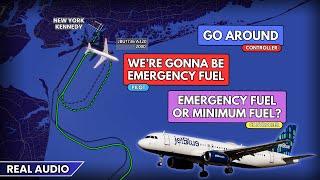 Pilot confuses Fuel emergency and minimum Fuel. JetBlue A320 has problems with fuel at JFK. Real ATC