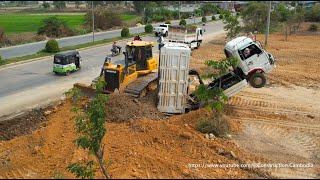 Incredible !! Dump Truck Fly Back Unloading Stuck Deep Heavy Recovery By Shantui Bulldozer Extremely