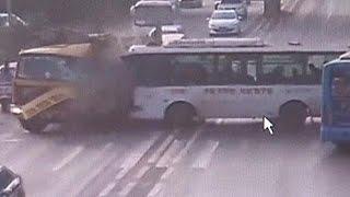 Oblivious pedestrian causes China coach crash