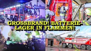 +++ 1.500 BATTERIEN IN INDUSTRIEHALLE IN FLAMMEN +++ FEUERWEHR & FLUGHAFENLÖSCHFAHRZEUGE im EINSATZ