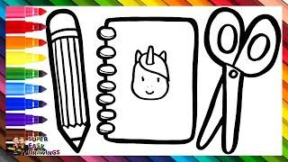 Drawing and Coloring a Notebook, a Pencil and Scissors ️️ Drawings for Kids