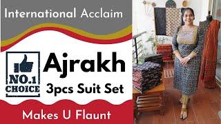 Ajrakh Handblock Print Cotton 3pcs Suit Set Fabric | Natural color | Latest Ajrakh print Designs