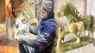 Incredible Old Worker Making Horse in Onyx Marble