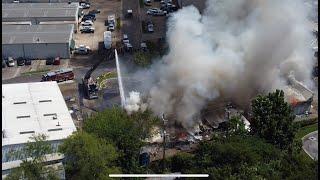 Drone video of large business fire in Pelham, Alabama on July 18, 2022