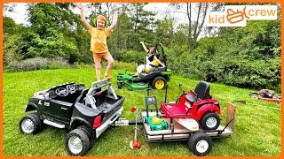 Mowing lawn with kids and real zero turn mower, push lawnmower & weed whacker Educational | Kid Crew