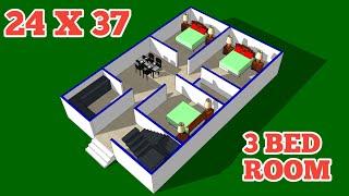 24x37 House Plan with 3 Bedroooms || 3 bedrooms floor plan || Low budget house plan