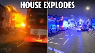 Moment HUGE explosion blows house to bits as buses and cars drive past in busy London street