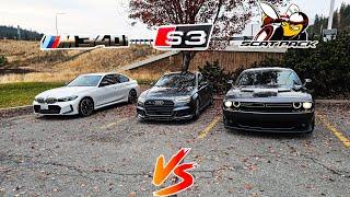 THE ULTIMATE ROLL RACE! Challenger Scatpack 392 vs Audi S3 Stage 1 vs BMW M340i Downpipe/Tune