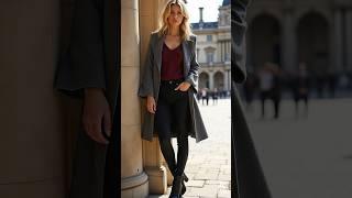 Top Trend Autumn Winter 2024 Street Fashion Grey Coat, Burgundy Sweater Black Leggings Heeled Boots!