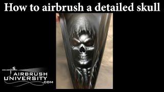 How to airbrush a skull.  Learn to paint a grim reaper, detailed skull, and knife edge.