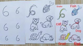 How to draw pictures with number 6 for kids | Using number 6 easy drawing | Drawing for school