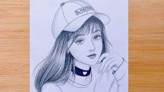 Drawing Tutorial || How to draw a girl with Blackpink cap - step by step Pencil Sketch for beginners