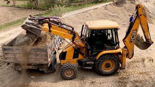 Loading Sand And Gravel On Near River - JCB Backhoe 3DX Machine