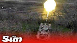 Russian T-90M tanks blast Ukrainian positions on the battlefield